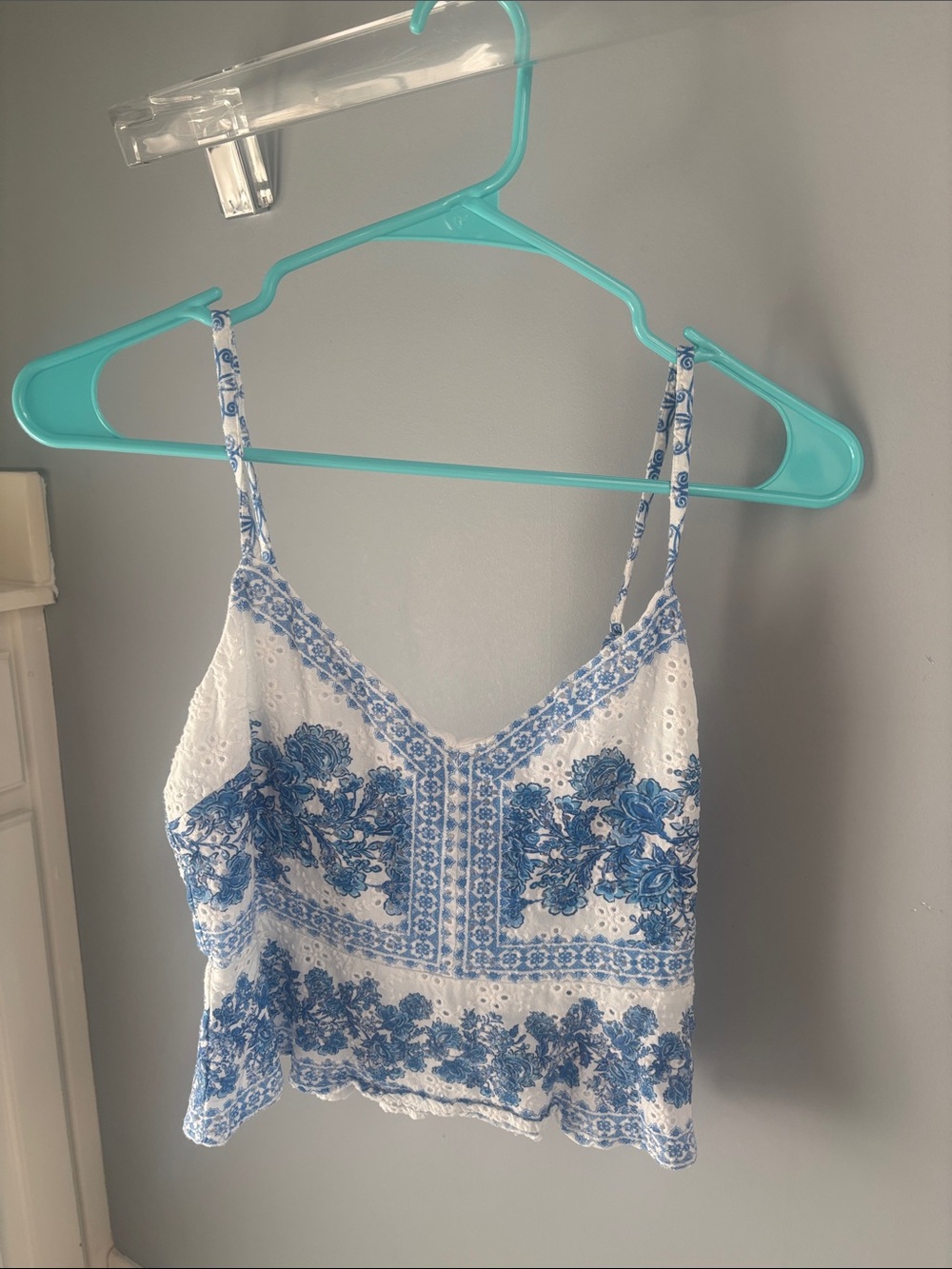 Aqua White Cami with Blue Floral Eyelet Embroidery